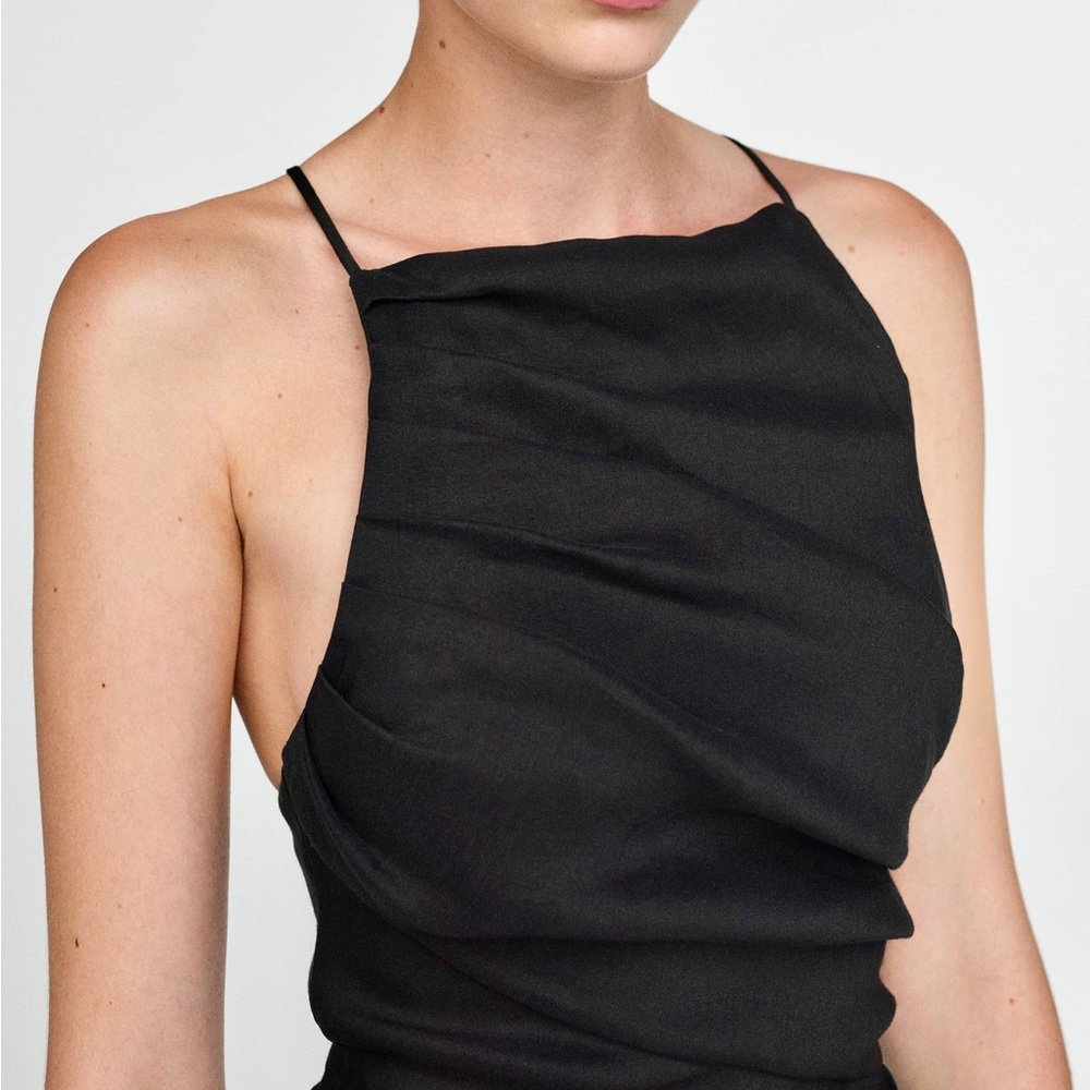 Zara NWOT square neck black ruched midi dress - Picture 2 of 13